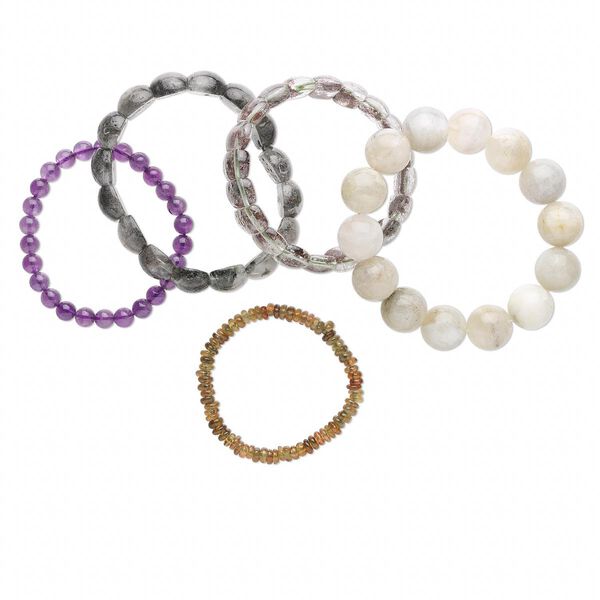 Bracelet mix, stretch, multi-gemstone (natural / man-made), 9-13mm wide with 4-20mm mixed shape, 6-1/2 to 7 inches. Sold per pkg of 5. image number 0