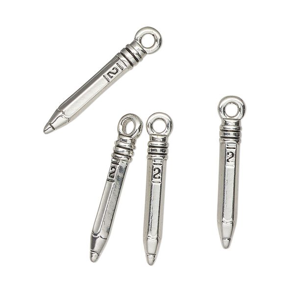 Charm, antique silver-finished "pewter" (zinc-based alloy), 20x4mm pencil. Sold per pkg of 4. image number 0