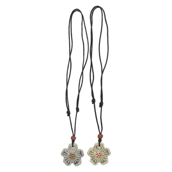 Necklace mix, porcelain and waxed cotton cord (dyed), multicolored, 40mm-45mm assorted single-sided hand-painted textured flower, adjustable 16 to 32 inches. Sold per pkg of 2. image number 0