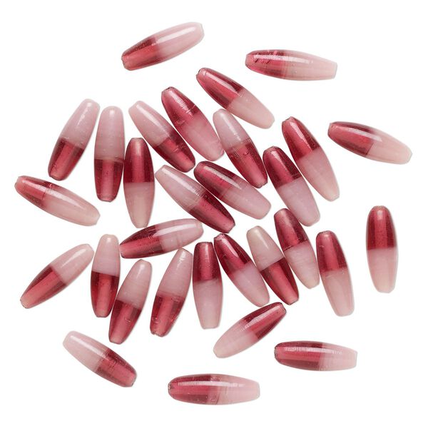 Bead, glass, translucent 2-tone rose and light pink, 24x8mm-26x9mm capsule. Sold per pkg of 30 beads. image number 0