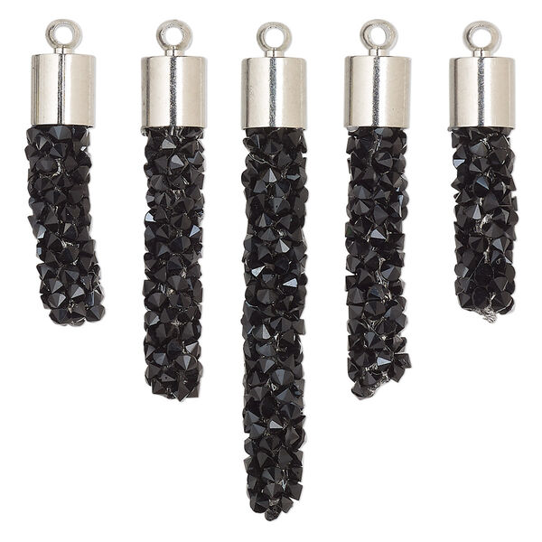 Focal, glass / resin / imitation rhodium-finished brass, black, 22.5x6mm-37x6mm graduated fan stick. Sold per 5-piece set. image number 0