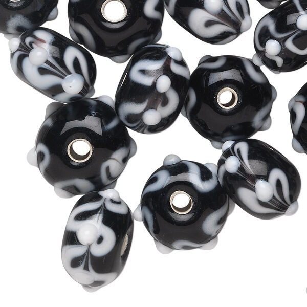 Bead, lampworked glass, black and white, 13x9mm bumpy rondelle with swirl pattern. Sold per pkg of 24. image number 0