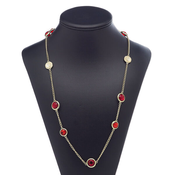 Necklace, acrylic / gold-finished brass / steel / "pewter" (zinc-based alloy), light red and dark red, flat round, 39 inches with 3-inch extender chain and lobster claw clasp. Sold individually. image number 0