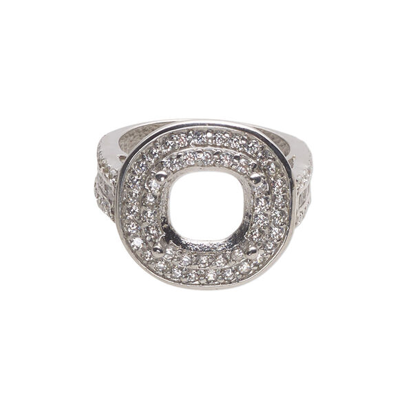Ring, cubic zirconia and rhodium-plated sterling silver, clear, 19mm wide with open back and 10mm cushion 4-prong setting, size 7. Sold individually. image number 0