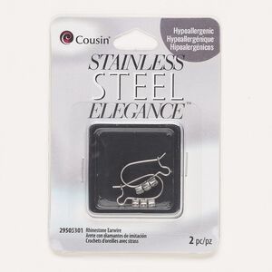 Ear wire kidney 1pkg2, 19mm / open loop, 21 gauge stainless steel / glass rhinestone 1 pair