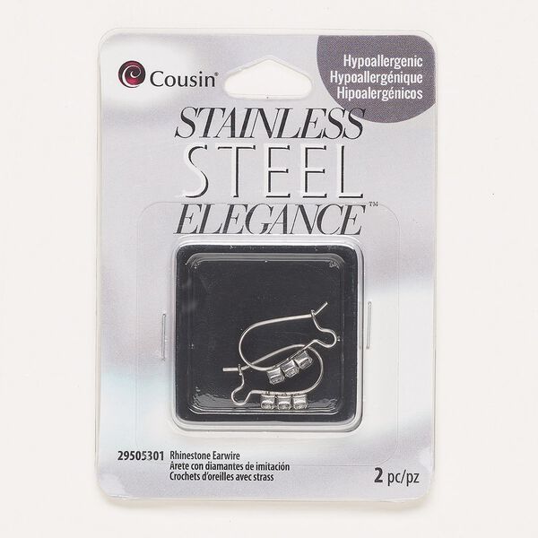 Ear wire kidney 1pkg2, 19mm / open loop, 21 gauge stainless steel / glass rhinestone 1 pair image number 0
