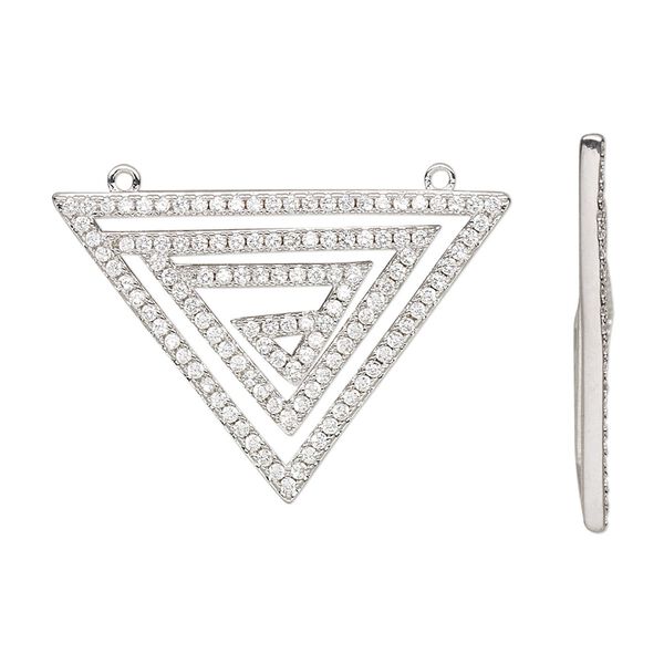 Focal, cubic zirconia and silver-finished brass, clear, 30x25.5x25mm single-sided triangle with 2 loops. Sold individually. image number 0