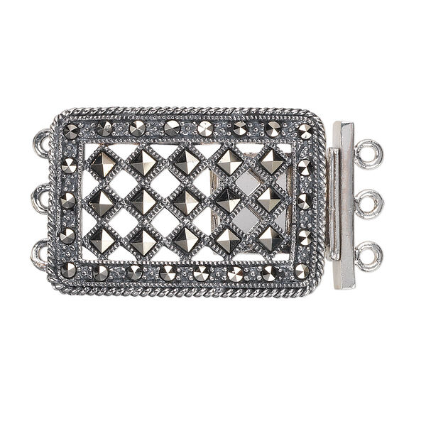 Clasp, 3-strand tab, Signity® marcasite (natural) and antiqued sterling silver, 29x20mm rectangle with diamond-shaped cutouts. Sold individually. image number 0