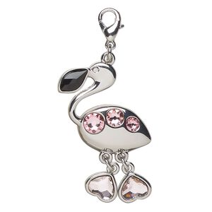 Charm, "pewter" (zinc-based alloy) and glass, pkg/1, silver finish/pink/black, 34x23mm flamingo with lobster claw clasp.