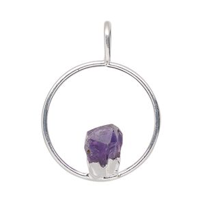 Pendant, Everyday Jewelry, silver-plated brass and amethyst (natural), 34x25mm-36x27mm open round. Sold individually.