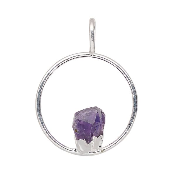 Pendant, Everyday Jewelry, silver-plated brass and amethyst (natural), 34x25mm-36x27mm open round. Sold individually. image number 0