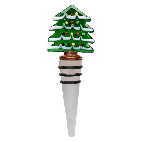 Wine bottle stopper, lampworked glass, frosted clear/green/white, 4-1/2x1-1/2 inch with Christmas tree topper and three rubber rings. Sold individually. image number 0