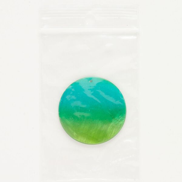 Focal, mother-of-pearl shell (dyed), green and aqua blue, 35mm top-drilled flat round, Mohs hardness 3-1/2. Sold individually. image number 0