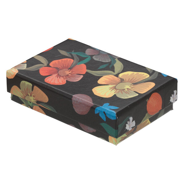 Box, paper / velveteen / foam, black and multicolored, 3-1/4 x 2-1/4 x 3/4 inches with flower design. Sold per pkg of 10. image number 0