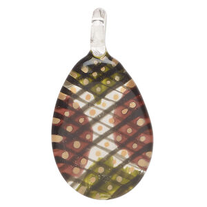 Focal, lampworked glass 1pkg1, opaque multicolored, 30x20mm-32x22mm single-sided teardrop with checkerboard pattern.