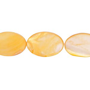 Bead, mother-of-pearl shell (dyed), orange, 17x12mm-18x13mm flat oval with 0.6-1mm hole, Mohs hardness 3-1/2. Sold per 15-inch strand.