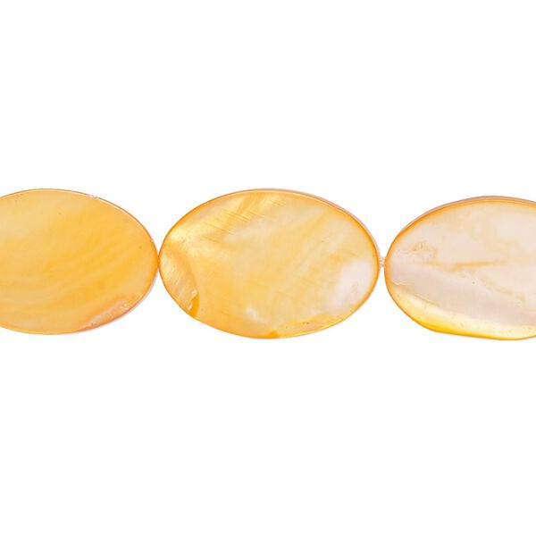 Bead, mother-of-pearl shell (dyed), orange, 17x12mm-18x13mm flat oval with 0.6-1mm hole, Mohs hardness 3-1/2. Sold per 15-inch strand. image number 0