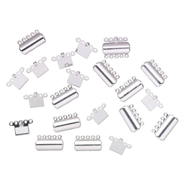 Clasp, tab, silver-plated brass, 19x8mm curved rectangle with pink tint. Sold per pkg of 10. image number 0