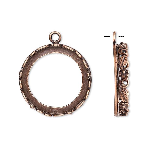 Drop, JBB Findings, antique copper-plated brass, 22mm round with open back and flower and leaf design trim, 20mm round bezel setting. Sold per pkg of 2. image number 0