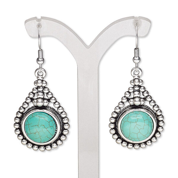 Earring, magnesite (dyed / stabilized) with antique silver plate brass and "pewter" (zinc-based alloy), blue, 2 inches with teardrop and fishhook ear wire. Sold per pair. image number 0