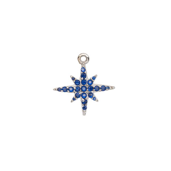 Charm, sterling silver and cubic zirconia, blue, 16x13mm star. Sold individually. image number 0