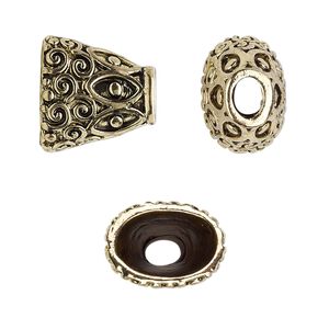 Cone, antique gold-finished "pewter" (zinc-based alloy), 16x15x11mm fancy flat oval with swirl design, 12x8mm inside diameter. Sold per pkg of 6.