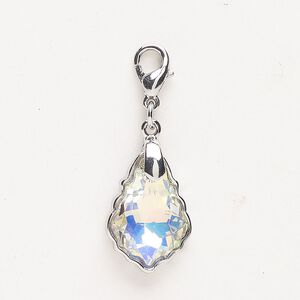 Charm "pewter" (zinc-based alloy) crystal 1pk 18x13mm baroque lobster claw clasp, silver finish clear AB