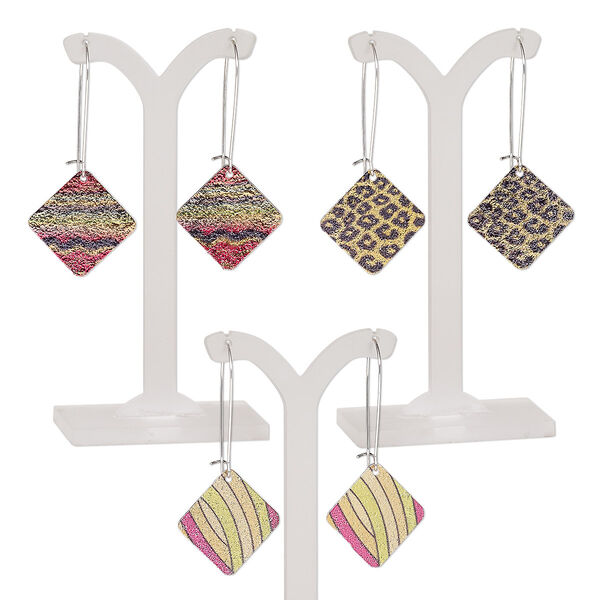 Earring mix, mylar / imitation rhodium-plated steel / "pewter" (zinc-based alloy), multicolored, 2-1/2 inches with diamond and kidney ear wire. Sold per pkg of 3 pairs. image number 0