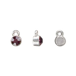 Drop, silver-finished "pewter" (zinc-based alloy) and glass rhinestone, amethyst purple, 6mm faceted round, February birthstone. Sold per pkg of 10.