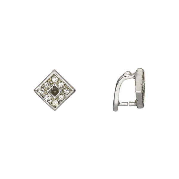 Bail, ice-pick, Egyptian glass rhinestone and imitation rhodium-plated brass, clear, 10x8mm diamond, 5.5mm grip length. Sold per pkg of 6. image number 0