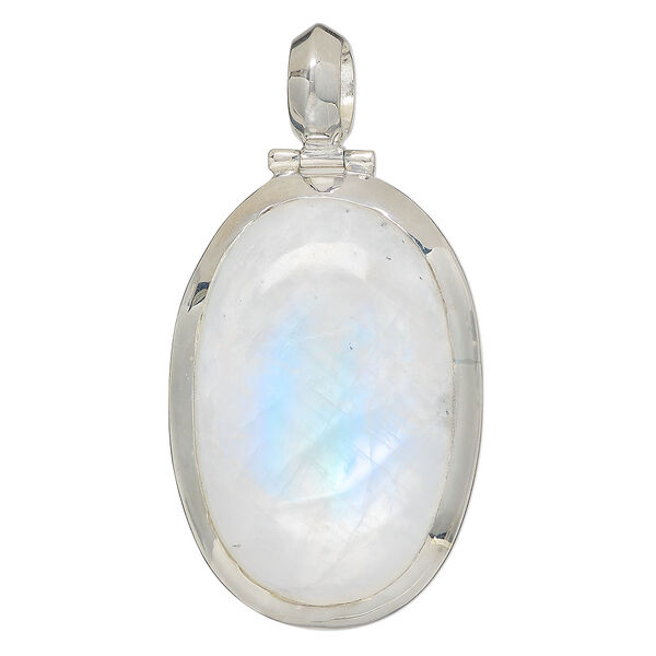 Pendant, rainbow moonstone (natural) and sterling silver, 53x39mm-56x46mm oval. Sold individually. image number 0