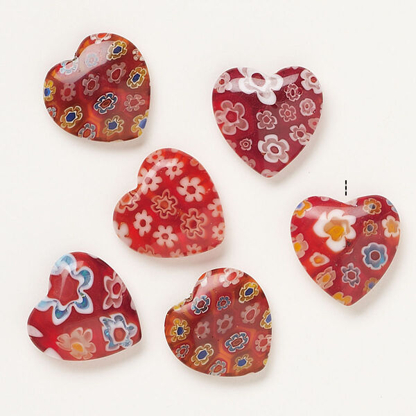 Bead, millefiori glass, translucent red and multicolored, 16-18mm half-drilled puffed heart. Sold per pkg of 6. image number 0
