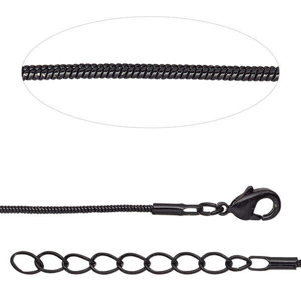 Chain, black-finished brass, 1mm snake, 18 inches with 1-inch extender chain and lobster claw clasp. Sold individually. image number 0
