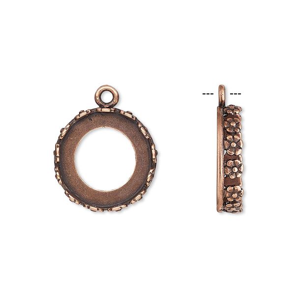 Drop, JBB Findings, antique copper-plated brass, 16mm round with open back and flower design trim, 14mm round bezel setting. Sold per pkg of 2. image number 0