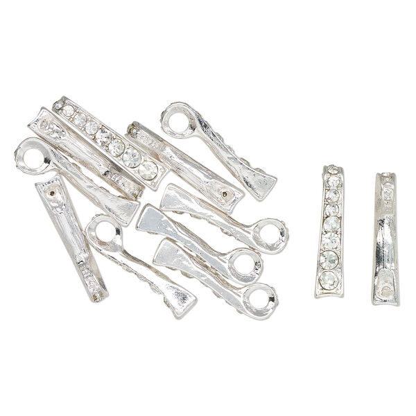 Pendant, silver-finished "pewter" (zinc-based alloy) and glass, clear, 24x5mm curved curve rectangle. Sold per pkg of 12. image number 0