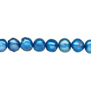 Pearl, cultured freshwater (dyed), blue, 7-8mm flat-sided potato, D grade, Mohs hardness 2-1/2 to 4. Sold per 15-inch strand.