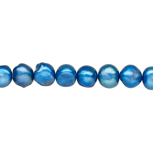 Pearl, cultured freshwater (dyed), blue, 7-8mm flat-sided potato, D grade, Mohs hardness 2-1/2 to 4. Sold per 15-inch strand. image number 0