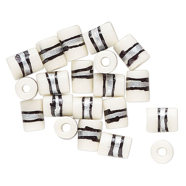 Bead, bone (dyed), white / black / silver, 9x7mm-8x6mm hand-painted tube with line design. Sold per pkg of 20. image number 0