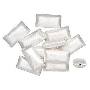 Bead, silver-finished brass, 24x12mm brushed puffed rectangle. Sold per pkg of 12.