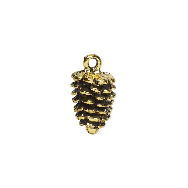 Charm, antique gold-finished "pewter" (zinc-based alloy), 16x10mm 3D pinecone. Sold per pkg of 4. image number 0