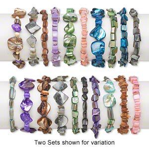 Bracelet mix, stretch, mother-of-pearl shell (bleached / dyed), mixed colors, 5x2mm-21x19mm mixed shapes, 6-1/2 to 7 inches. Sold per pkg of 10.