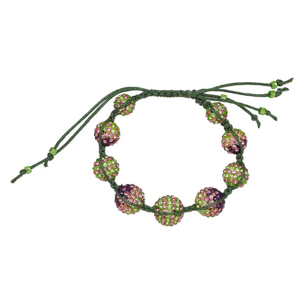 Bracelet, One of a Kind Jewelry, waxed cotton cord / glass / epoxy, green / pink / purple, XX inches. Only one available. image number 0