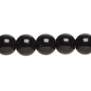 Bead, glass, opaque black, 9-10mm round. Sold per 7-1/2 inch strand, approximately 21 beads.