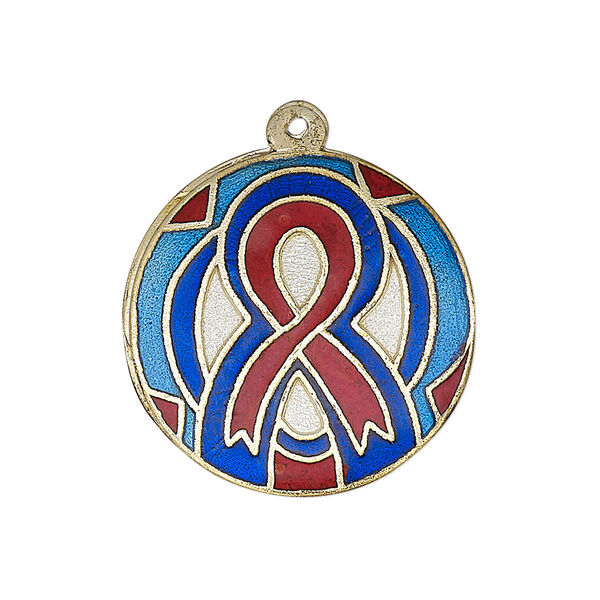 Drop, enamel and gold-finished brass, multicolored, 25-26mm single-sided flat round with awareness ribbon design. Sold per pkg of 2. image number 0