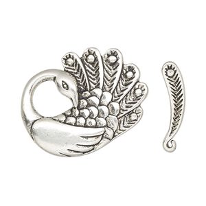 Clasp toggle 1pkg2 "pewter" (zinc alloy), 27x22mm peacock / hidden loop, antique silver-finished 1-strand