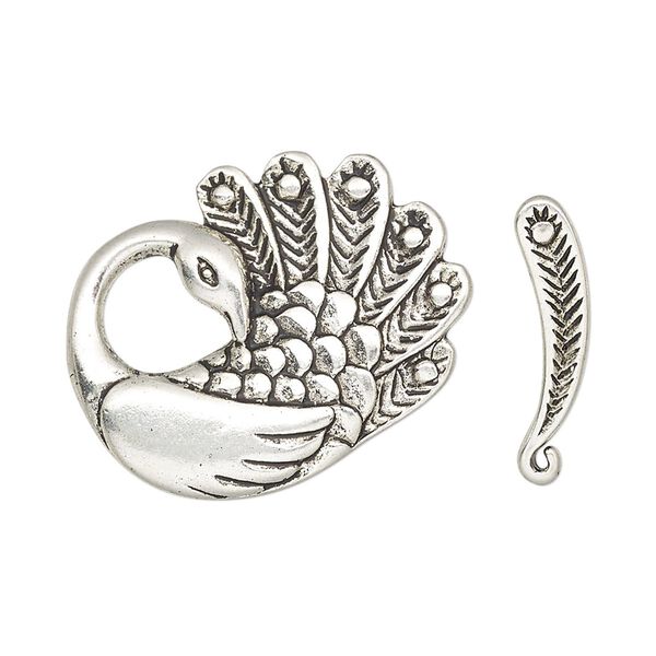 Clasp, toggle, antique silver-finished "pewter" (zinc-based alloy), 27x22mm peacock with hidden loop. Sold per pkg of 2. image number 0