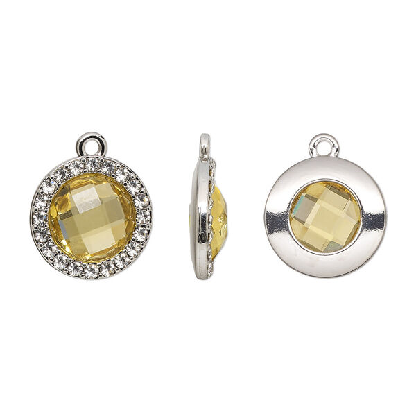 Drop, glass / glass rhinestone / imitation rhodium-finished "pewter" (zinc-based alloy), clear and transparent citrine yellow, 17mm single-sided round. Sold per pkg of 2. image number 0