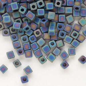 Seed bead, Miyuki 1pkg10g, glass, 3.5-3.7mm square, opaque frosted rainbow black (SB-401FR)