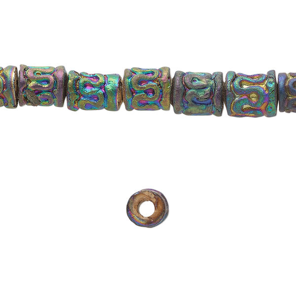 Bead, pressed clay, rainbow, 7x5mm-8x8mm handmade textured tube. Sold per 16-inch strand, approximately 50 beads. image number 0