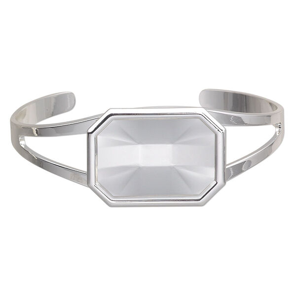 Bracelet, Almost Instant Jewelry®, cuff, silver-plated brass and "pewter" (zinc-based alloy), 60x24mm with 27x18.5mm emerald-cut setting, adjustable. Sold individually. image number 0
